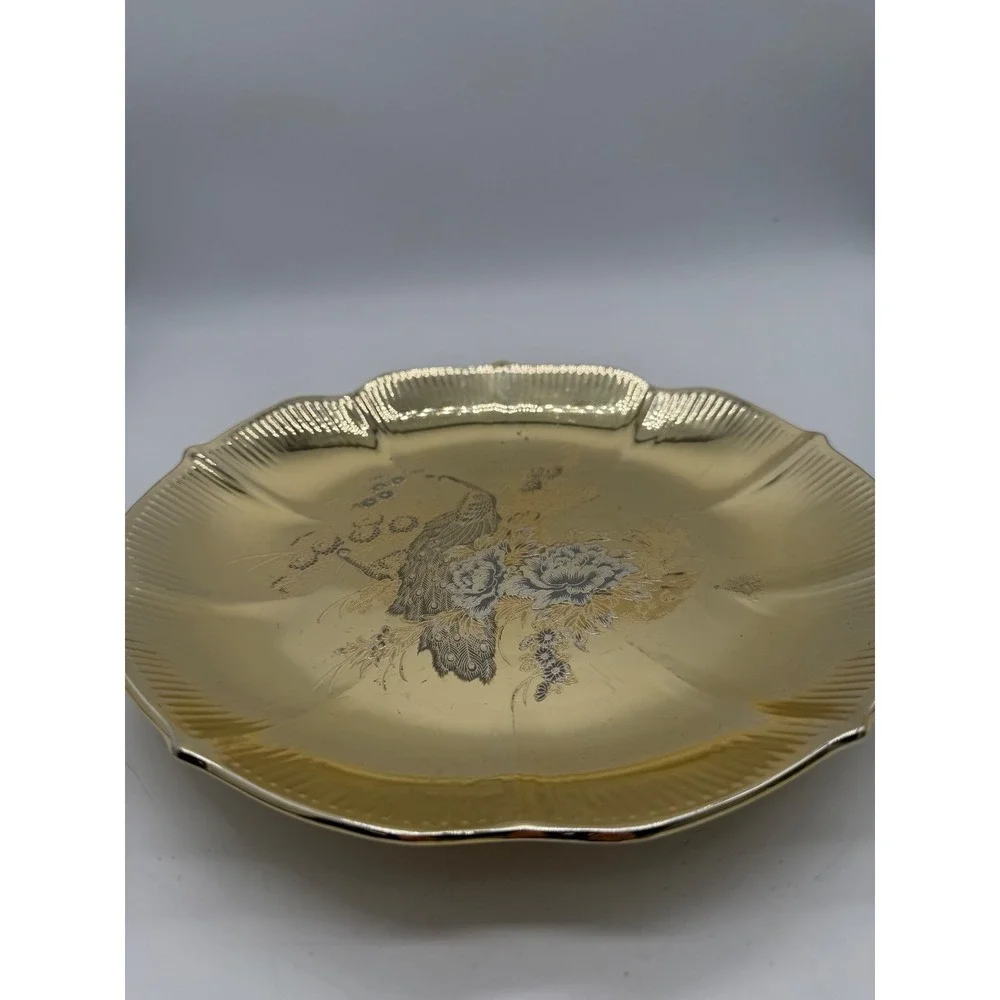 Vintage Gold Tone Etched Peacock Scalloped Decorative Plate Floral 10.25 Inch